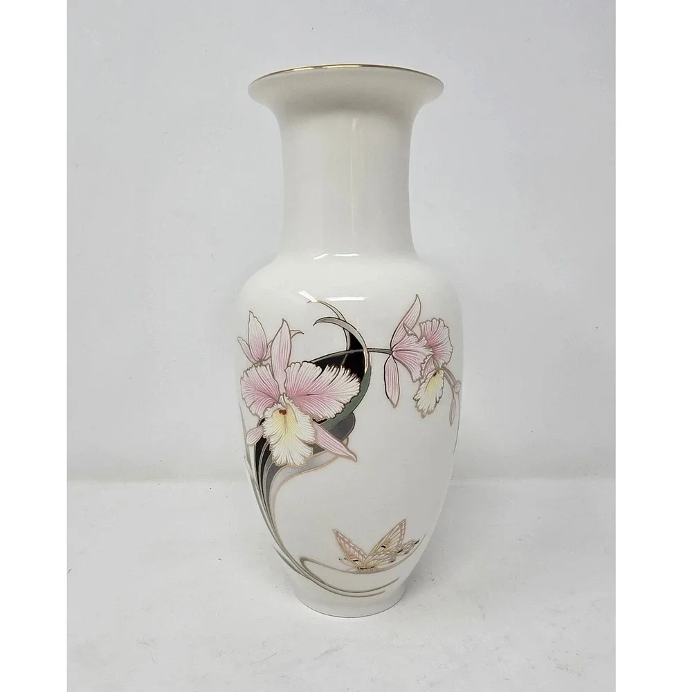 Vtg large Japanese fine china vase orchids porcelain‎ Grandmacore Regencycore